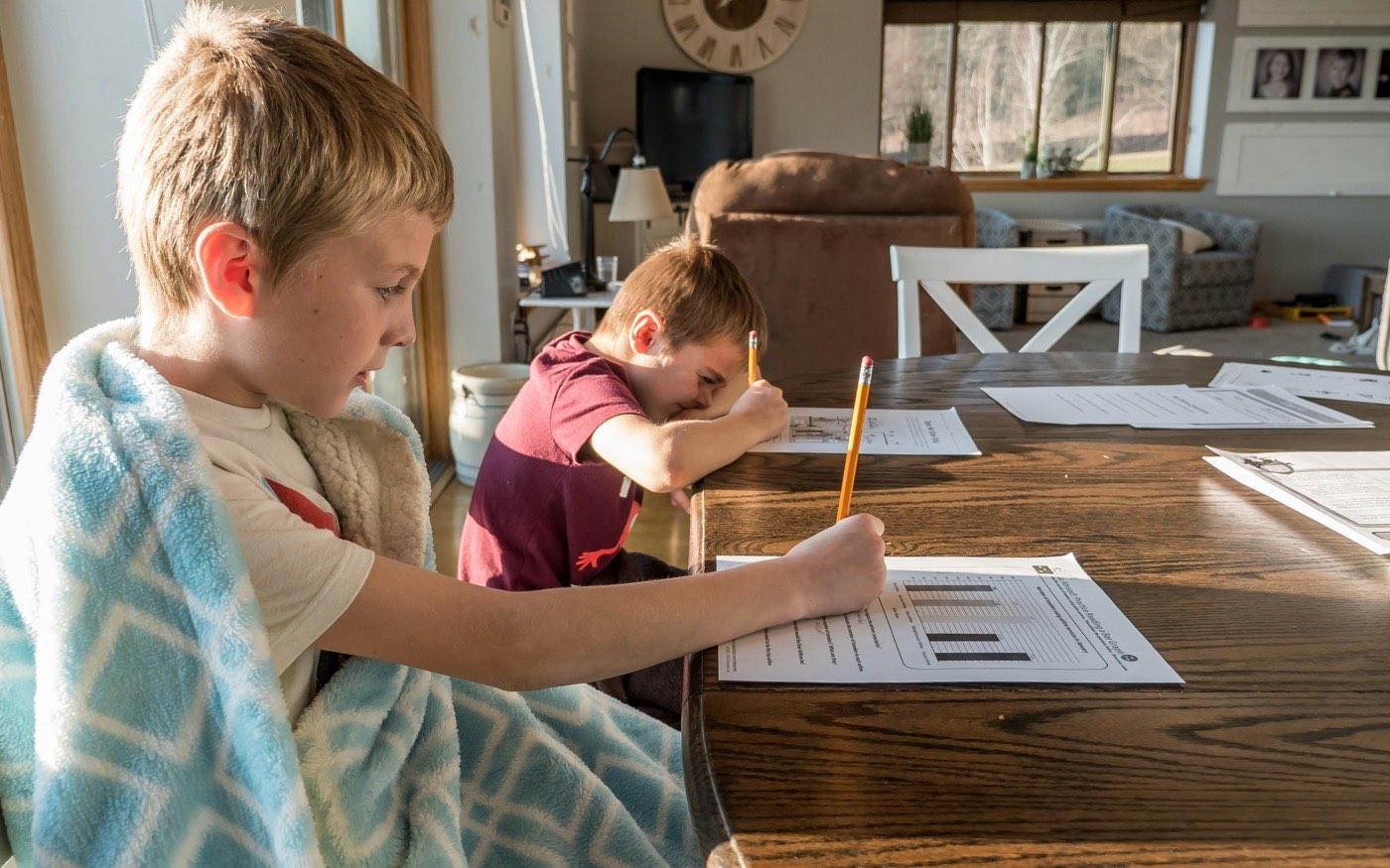 Two young brothers doing their homework at the dining table in a sunny family home